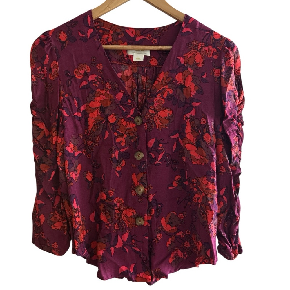 Maeve Floral Blouse with Ruched sleeves